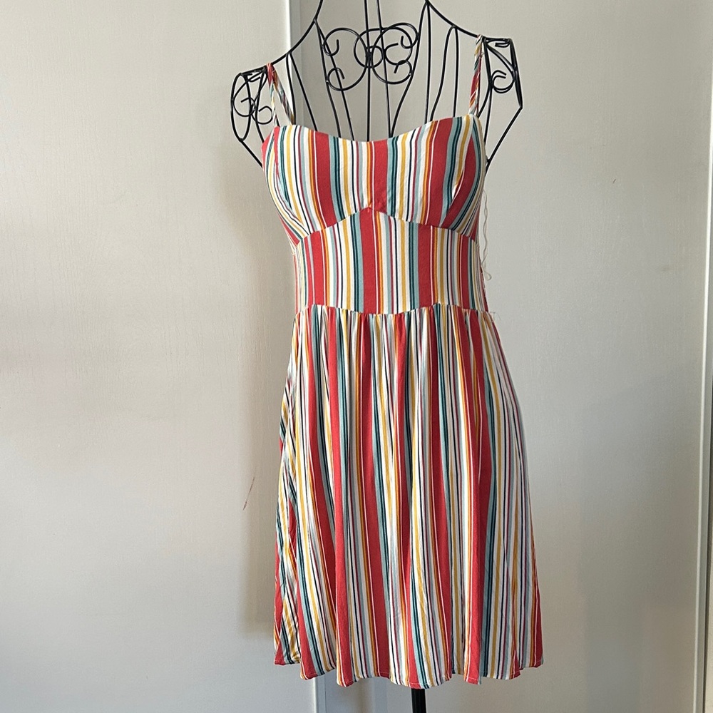 New Look Colorful Striped Adjustable Spaghetti Straps Mini Dress Size M